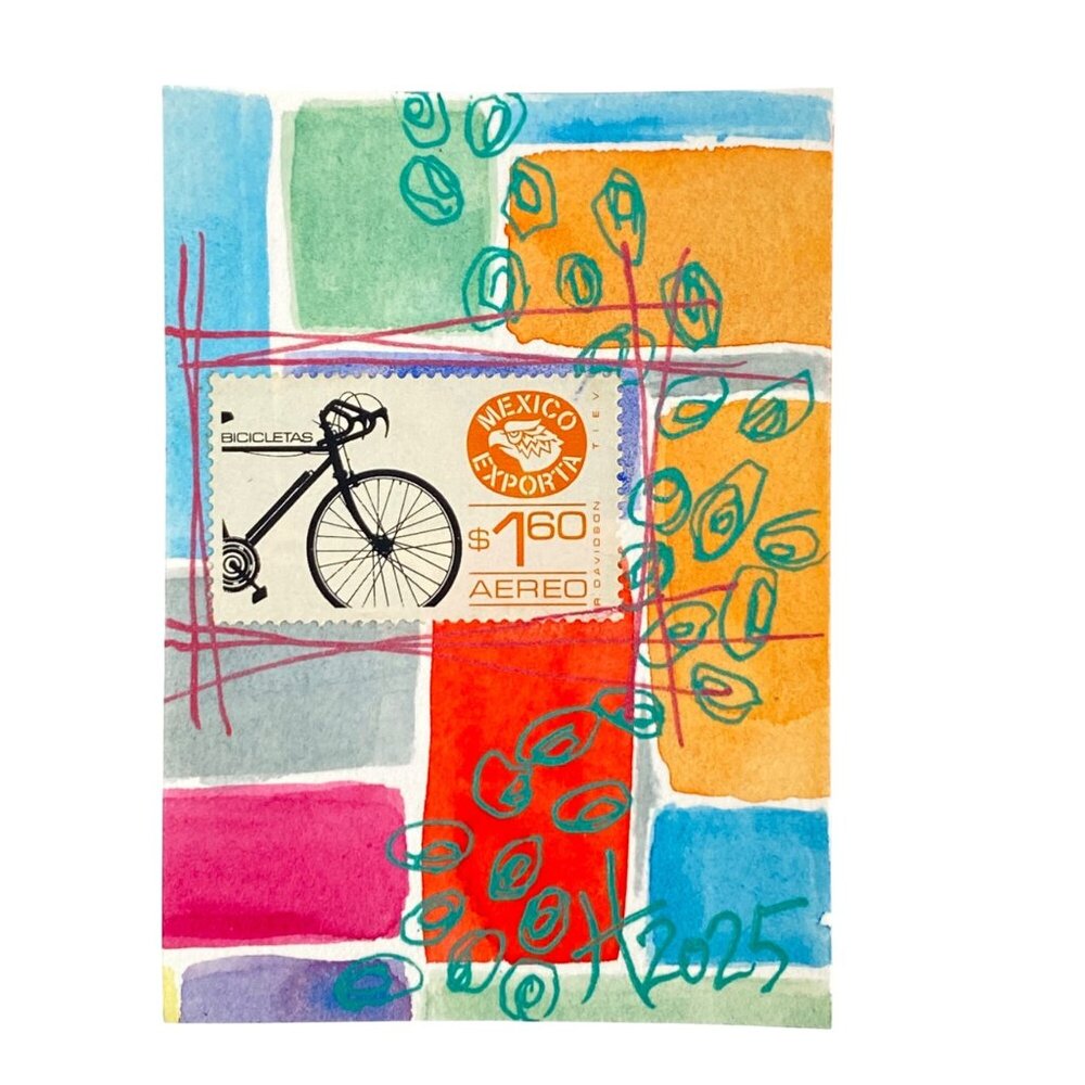ACEO Original Art Watercolor 1975-76 Mexico Bicycle Air Mail Postage Stamp ATC